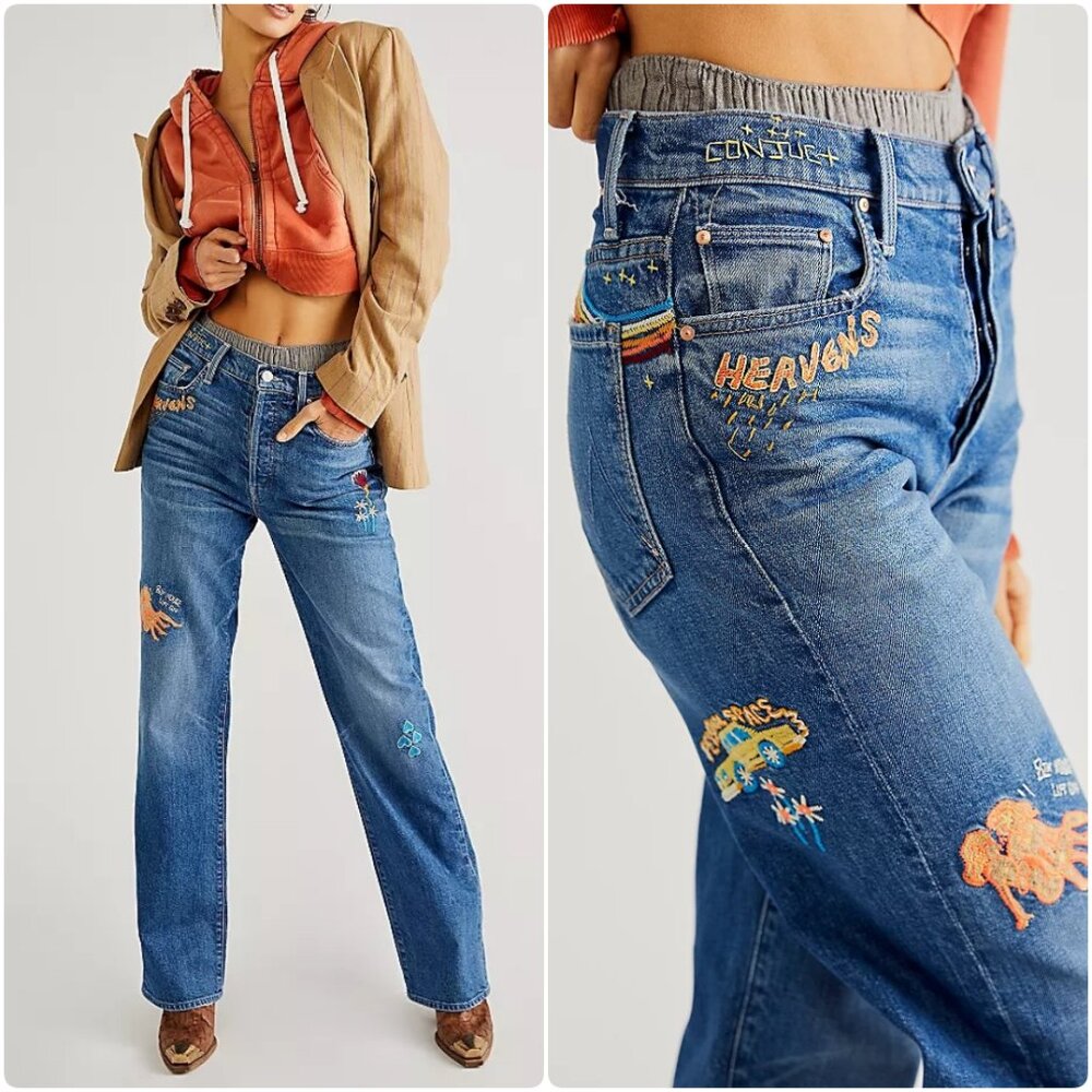 NWT‎ Mother The Rambler Sneak Running With Scissors Embroidered Jeans 🌈